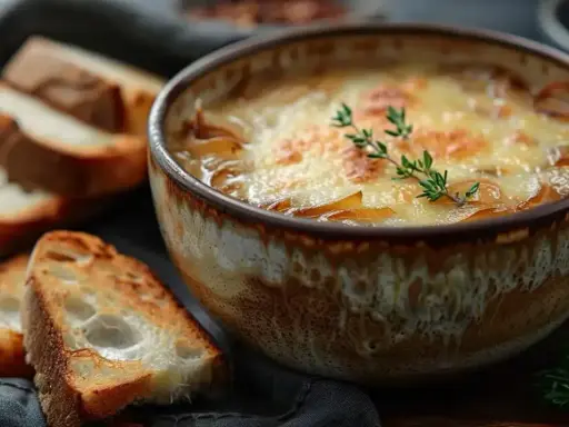 Un bol de soupe à l'oignon gratinée, avec du pain grillé à côté. Une recette réconfortante pour les journées froides.