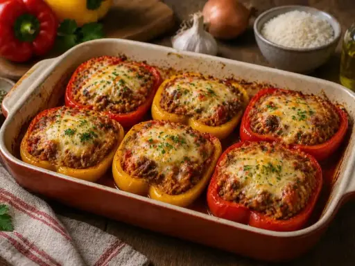Six poivrons farcis, garnis d'une farce savoureuse et recouverts de fromage fondu, sortent du four dans un plat en céramique.