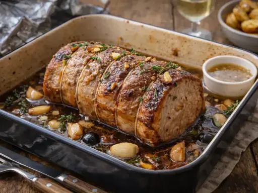 Un rôti de porc au four, doré et juteux, baignant dans son jus avec ail et herbes. Un délice prêt à être dégusté.