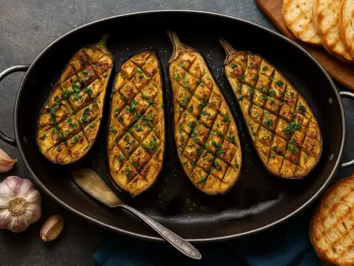 Quatre moitiés d'aubergine au four, grillées et parsemées de persil frais, dans un plat ovale avec de l'ail et des toasts grillés à côté.