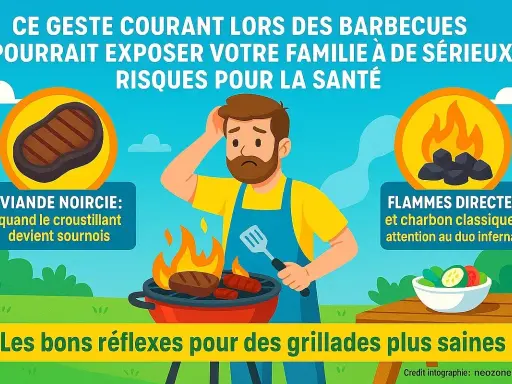 Un homme inquiet prépare un barbecue. La viande noircie et les flammes directes sur le charbon de bois présentent un danger pour la santé.