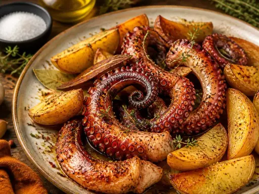 Un plat appétissant de poulpe grillé, aux tentacules enroulés, servi avec des quartiers de pommes de terre dorées et des herbes fraîches.