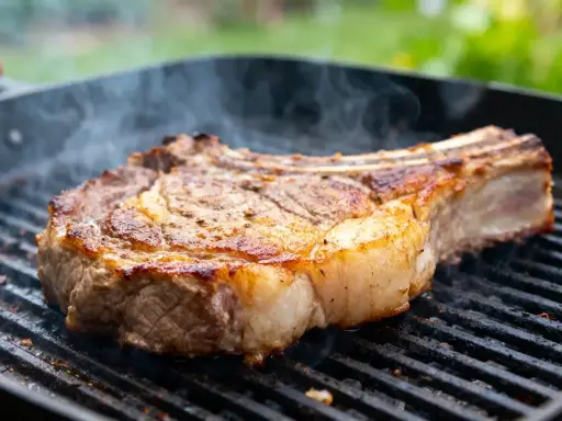 Un gros morceau de bœuf sur un gril, fumant doucement. La cuisson lente au barbecue révèle une croûte dorée et une chair juteuse.