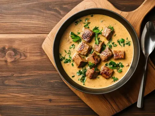 Un plat de veau en sauce crémeuse, parsemé de persil frais, prêt à être dégusté. Une sauce pour accompagner le veau qui promet saveur et onctuosité.