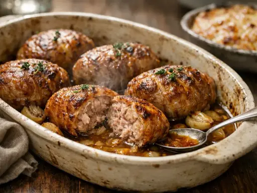 Six savoureuses crepinettes de porc dorées, servies dans un plat en terre cuite avec des oignons caramélisés et une sauce savoureuse.