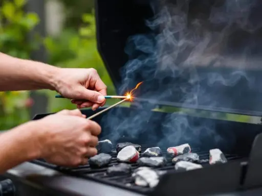 Des mains allument des charbons pour faire un barbecue. La fumée monte, annonçant un bon repas en plein air.