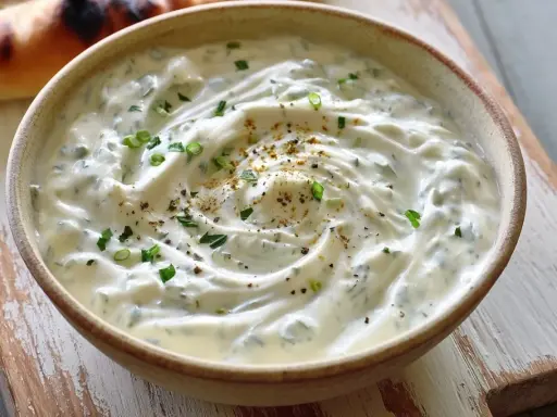 Un bol de sauce blanche crémeuse, garnie d'herbes fraîches et d'épices, prête à accompagner un pain grillé.
