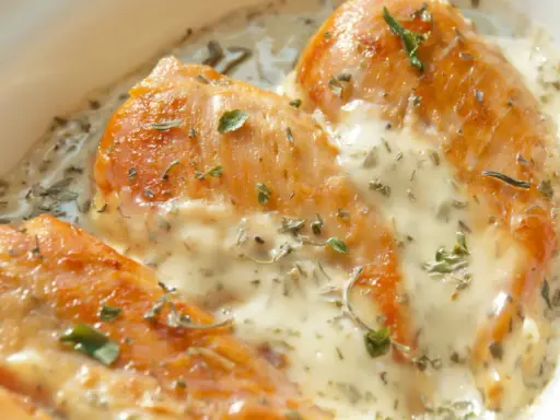 Trois morceaux de poulet au four dorés, nappés d'une sauce crémeuse et garnie d'herbes. Une sauce d'accompagnement pour poulet au four parfaite.
