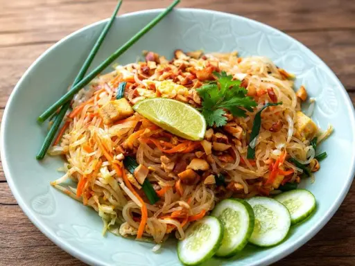 Un plat de pad thai coloré avec des nouilles de riz, des carottes, des cacahuètes concassées, du tofu, un quartier de citron vert et des rondelles de concombre.