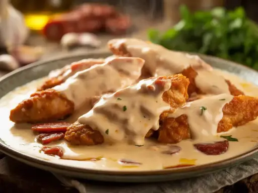 Morceaux de poulet pané nappés d'une onctueuse sauce crémeuse avec des morceaux de chorizo.