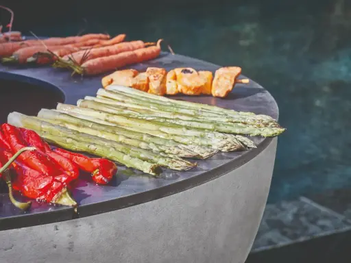 Légumes et brochettes de poulet sur un brasero, prêts pour une recette estivale. Carottes, poivrons rouges, asperges et poulet grillé.