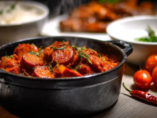 Un plat fumant de rougail saucisse, garni d'herbes fraîches, avec des tomates et un piment rouge à côté.