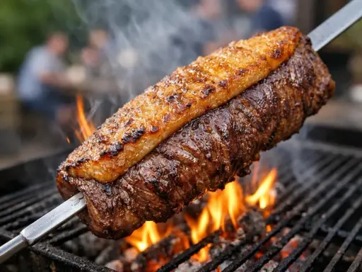 Un morceau de viande juteux sur une broche, cuisant au-dessus des flammes vives. Un vrai barbecue brésilien, prêt à être dégusté.