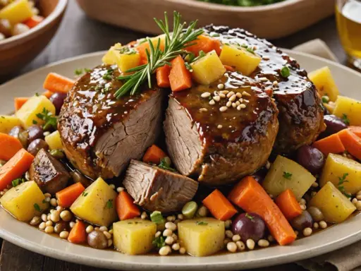 Un plat de veau de 7h, tendre et juteux, nappé d'une sauce brillante, entouré de pommes de terre, carottes, olives et haricots.