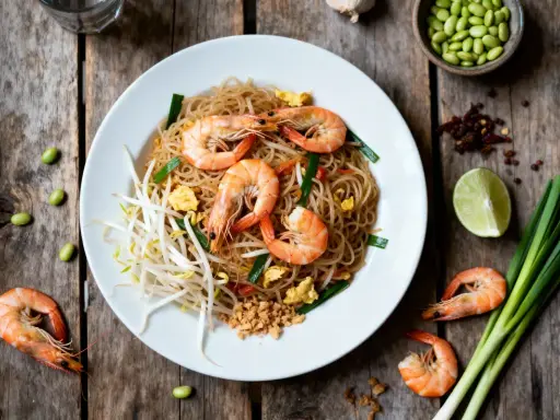 Délicieux Pad Thaï aux crevettes, une recette simple et savoureuse. Nouilles, pousses de soja, œuf, oignons verts et crevettes.
