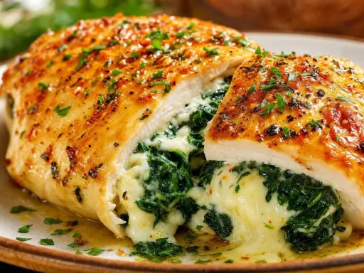 Un délicieux poulet farci aux épinards et au fromage fondant, garni de persil frais.