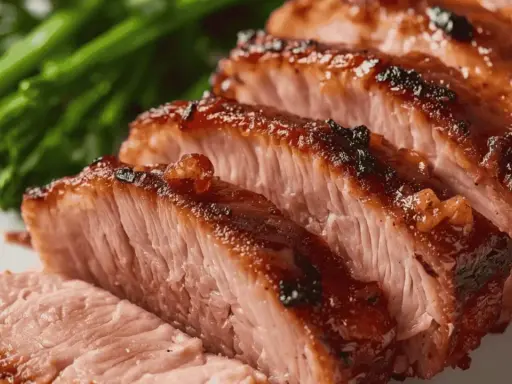 Tranches de magret de canard grillé, juteuses et caramélisées, servies avec des légumes verts.