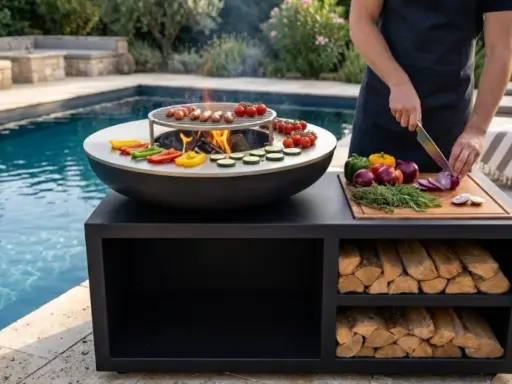 Un homme prépare des légumes pour le barbecue, près d'une piscine. Le culottage de la plancha inox est prêt pour la cuisson.