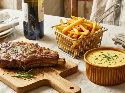 Un steak-côte de bœuf fumant, des frites croustillantes et une sauce béarnaise avec quoi ? Un délice !