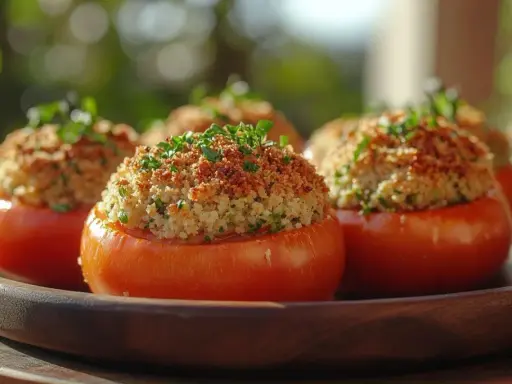 Tomates provençales garnies d'une chapelure dorée et d'herbes fraîches, servies sur un plat en bois.