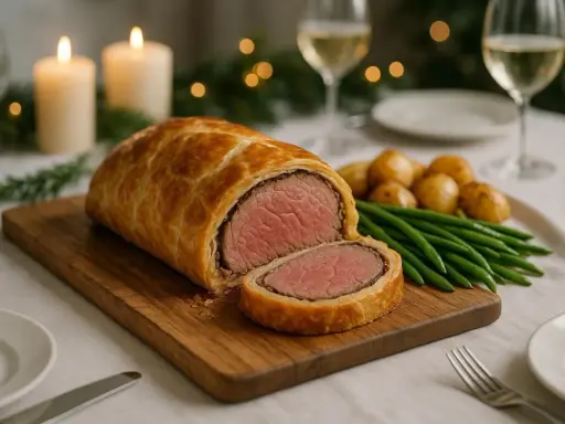 Un festin de viande en croûte, tendre et juteuse, servie avec des pommes de terre rôties et des haricots verts. Une ambiance chaleureuse avec des bougies et des guirlandes lumineuses.