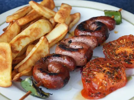 Assiette de saucisse à la plancha, frites dorées et tomates grillées. Un délice estival !