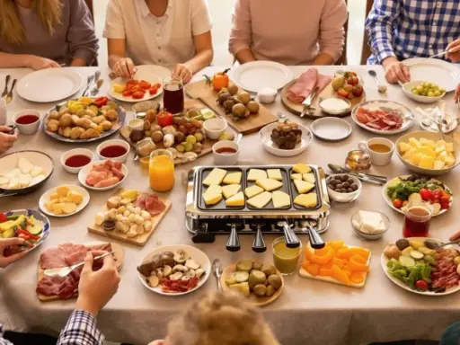Une table conviviale pour une idée plateau raclette : fromages, charcuteries, légumes et pommes de terre attendent d'être fondus.
