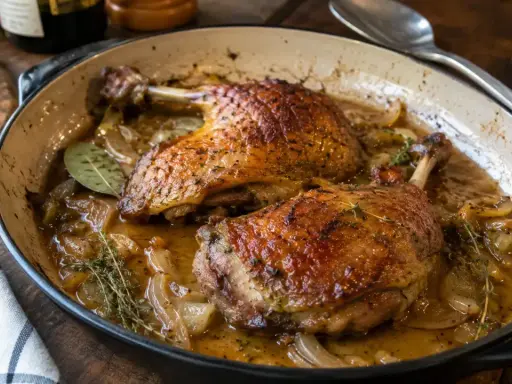 Deux cuisses de canard au four, dorées et juteuses, mijotent dans leur jus avec des oignons et des herbes.