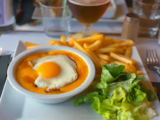 Un plat savoureux avec un œuf au plat sur une sauce orangée, des frites dorées et une salade verte. Un vrai délice, on se demande d'où vient le welsh !