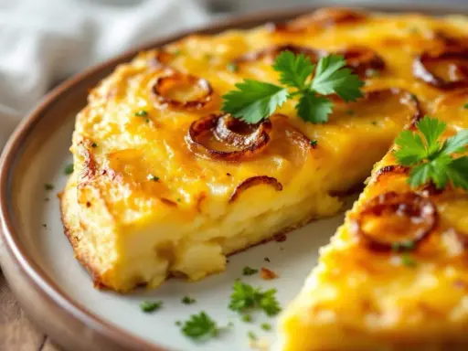 Une tranche de tortilla espagnole dorée, garnie d'oignons caramélisés et de persil frais, sur une assiette.