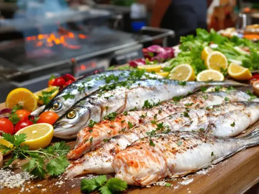 Poissons entiers et filets prêts pour le barbecue, accompagnés de citrons, tomates et herbes fraîches. Un délice en perspective !