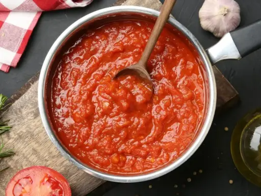 Une casserole remplie de coulis de tomates maison, avec une cuillère en bois. Des ingrédients frais comme du romarin, de l'ail et une tomate coupée en deux sont disposés autour.