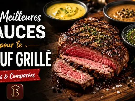 Un steak grillé juteux, coupé en tranches, accompagné de trois sauces : béarnaise, poivre et chimichurri. Découvrez la meilleur sauce pour steak !