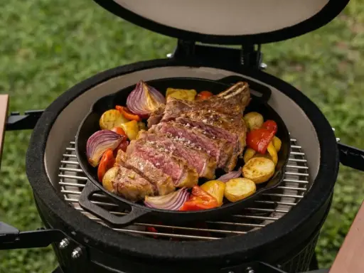 Côte de bœuf juteuse et légumes rôtis sur une plancha, un délice à savourer en plein air.