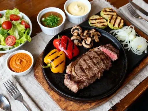 Un steak grillé, poivrons, champignons, courgettes et une sauce pierrade maison savoureuse.