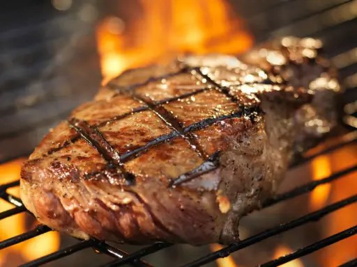 Un délicieux faux filet barbecue, marqué par les flammes, cuit à la perfection sur un grill.