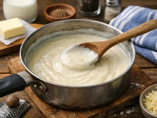 Une cuillère en bois remue une béchamel crémeuse dans une casserole. Ingrédients pour la recette bechamel : lait, beurre, noix de muscade râpée.