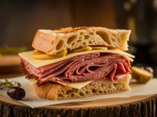 Un généreux sandwich au pastrami, fromage et moutarde, prêt à être dégusté. Une recette simple et savoureuse.