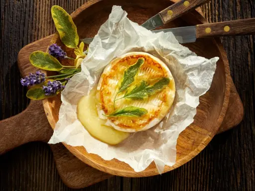 Camembert au barbecue, fondant et doré, servi sur papier sulfurisé avec des herbes aromatiques et des fleurs de lavande. Un délice à partager.