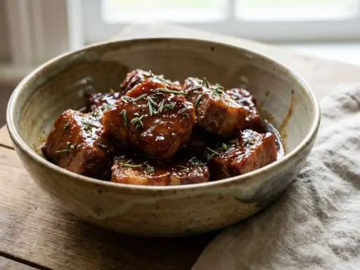 Un bol rustique rempli de morceaux de porc au caramel brillants, garnis de romarin frais. Un délice gourmand.