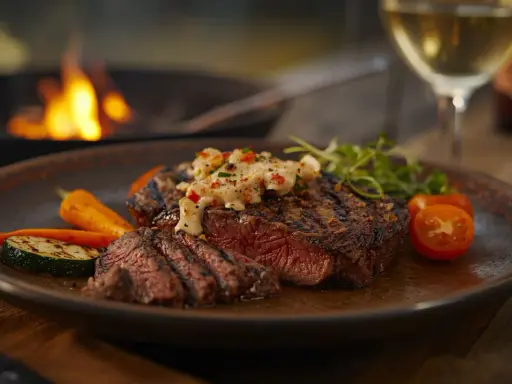Un savoureux bavette à l'échalote, grillé à la perfection, servi avec des légumes rôtis et une sauce crémeuse. Un délice pour les yeux et les papilles.
