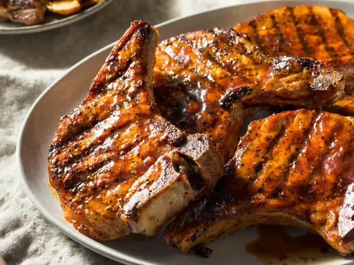 Trois côtes de porc barbecue, grillées et nappées d'une sauce savoureuse, sur une assiette blanche.
