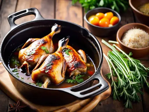Deux cuisses de canard dorées mijotent dans un jus savoureux, accompagnées de tomates cerises et de romarin frais. Un plat appétissant.