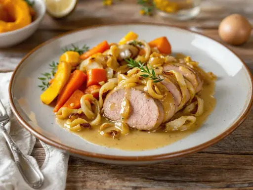 Délicieuse recette gastronomique de filet mignon de porc, servi avec des carottes et des oignons caramélisés, nappé d'une sauce onctueuse.