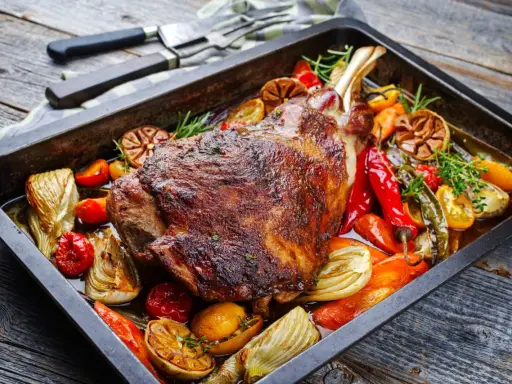 Une succulente épaule d'agneau rôtie dans un plat avec des légumes colorés, des poivrons, des tomates et des herbes aromatiques.