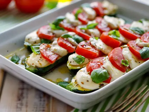Courgettes farcies au fromage fondant, tomates fraîches et basilic, un délice méditerranéen.