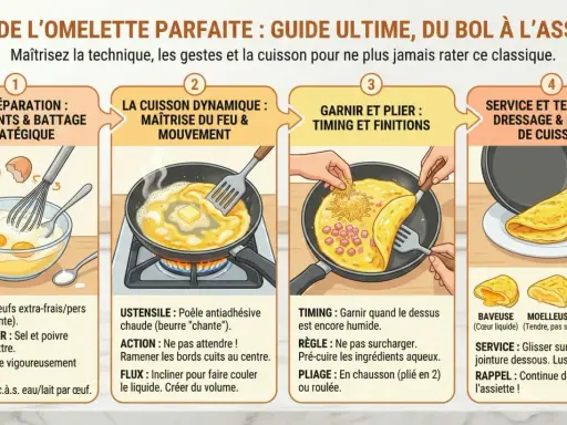 Guide illustré pour réussir une omelette à la plancha parfaite, de la préparation à la cuisson et au dressage.