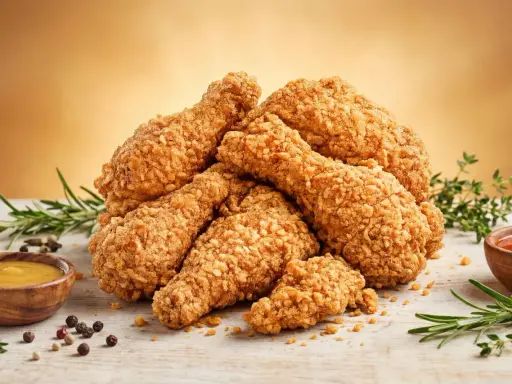 Pile de délicieux nuggets maison croustillants, accompagnés de sauces et de romarin frais.