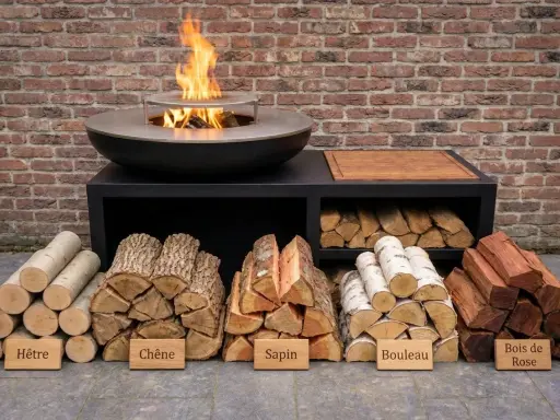 Bûches de bois pour brasero sans fumée : hêtre, chêne, sapin, bouleau et bois de rose, prêtes à l'emploi.