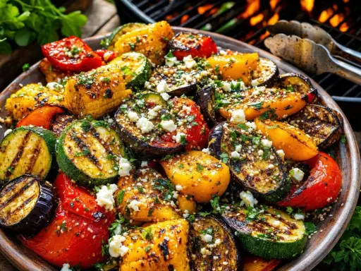 Assiette colorée de légumes barbecue : courgettes, aubergines, poivrons, maïs grillés, parsemés de feta et d'herbes.